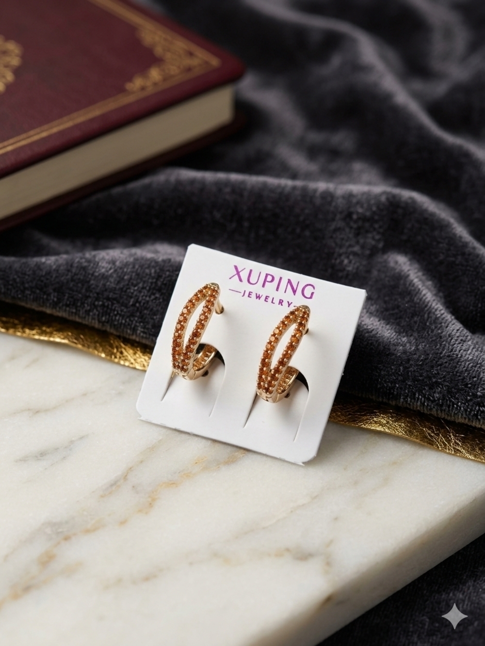 Xuping Rose Gold Hoop Earrings with Brown Crystals